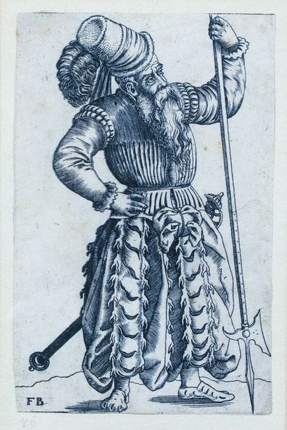  d'après Frans Isaac BRUN (c.1535 - 1610/20) 
Maître de la hallebarde 
Gravure, encadrée,...