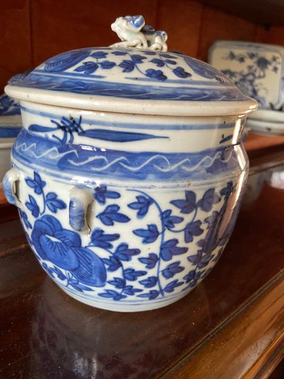 null Chine XXème siècle

Pot couvert en porcelaine blanc-bleu à décor sur le pourtour...