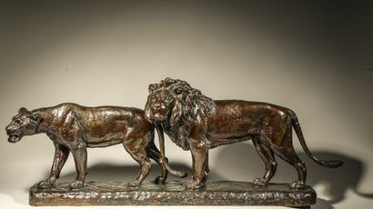 Louis RICHE (1877-1949) 
Lionne et lion 
Sculpture...