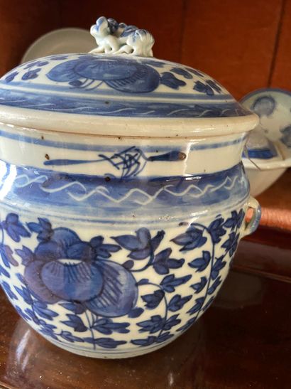 null Chine XXème siècle

Pot couvert en porcelaine blanc-bleu à décor sur le pourtour...