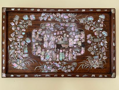 null Wooden panel and mother-of-pearl decoration representing characters, birds and...