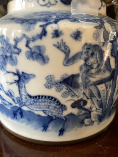 null Chine XXème siècle

Théière en porcelaine blanc-bleu à décor d’un singe et d’un...