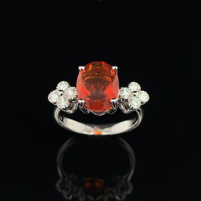 null White gold (750‰) ring set with an oval-shaped fire opal, shouldered by eight...