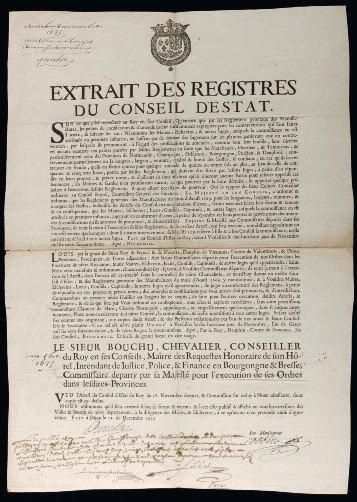 1673 BOURGOGNE & BRESSE MANUFACTURE des ÉTOFFES FRAUDE Extrait des Registres du Conseil...