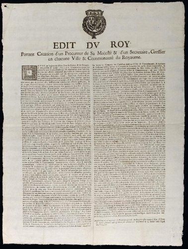1690 PARIS "ÉDIT DU ROY portant création d'un PROCUREUR DE SA MAJESTÉ & d'un Secrétaire,...