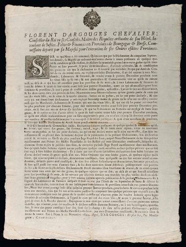 1693 BOURGOGNE ET BRESSE Ordonnance de"Florent D'ARGOUGES Chevalier, Intendant de...