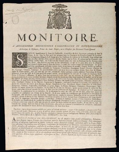 1695 FRANCHE - COMTÉ "MONITOIRE à Monseigneur l'Illustrissime Archevêque de BESANÇON,...