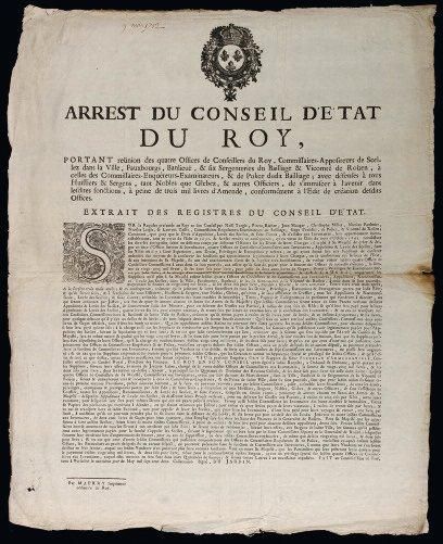 1702 ROUEN (76) "ARREST du Conseil d'État du Roy, portant Offices de quatre Offices...