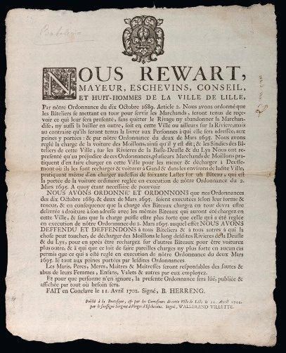 1702 LILLE (NORD) BATELLERIE- "NOUS REWARD, Mayeur, Eschevins, Conseil, et Huit -...