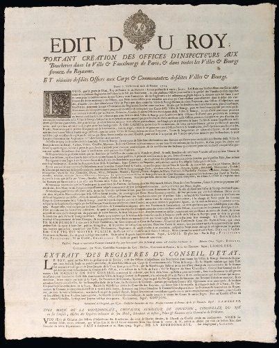 1704 PARIS BORDEAUX (33) BOUCHERIE- "Édit du ROY portant Création des Offices d'Inspecteurs...