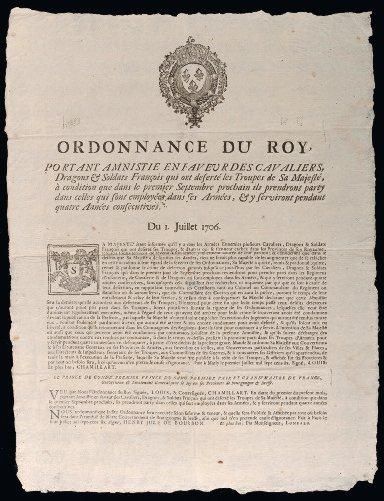 1706 (BOURGOGNE & BRESSE) "Ordonnance du Roy, portant AMNISTIE en faveur des CAVALIERS,...