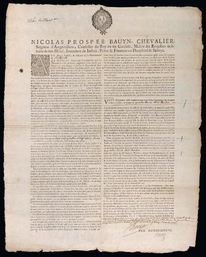 1706 BAUYN (Nicolas - Prosper) Seigneur d'ANGERVILLIERS,.. Intendant en DAUPHINÉ...
