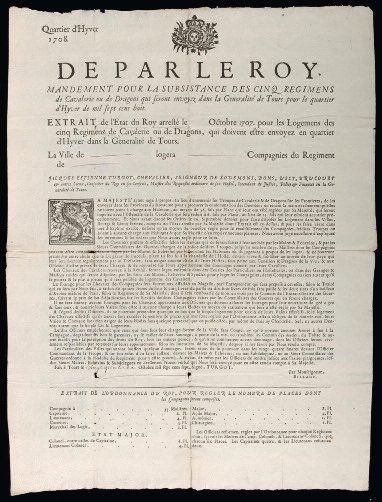 1708 GÉNÉRALITÉ DE TOURS(37)- "De par le ROY. Mandement pour la subsistance des Cinq...