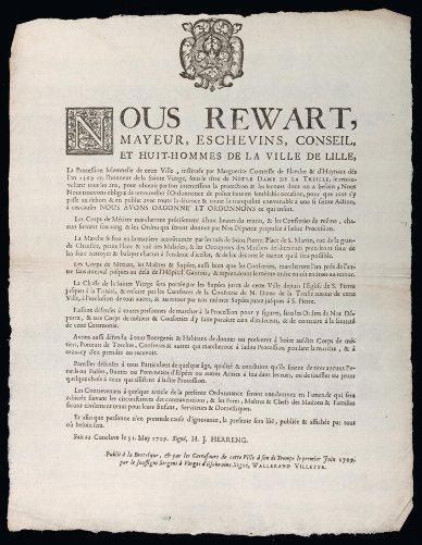 1709 LILLE (NORD) "NOUS REWARD, Mayeur, Eschevins, Conseil, et Huit - hommes de la...
