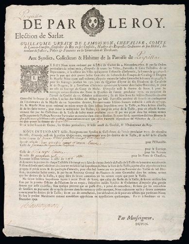 1709 (DORDOGNE) "DE PAR LE ROY, Élection de SARLAT." Ordonnance de Guillaume Urbain...