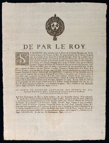1712 ÉCHANGE DES PRISONNIERS DE GUERRE- "DE PAR LE ROY. Sa Majesté étant convenue...