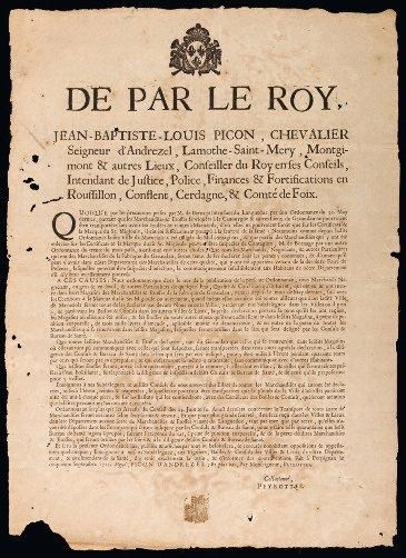 1721 GÉVAUDAN LA PESTE MARVEJOLS (LOZÈRE)- "De par le Roi Jean Baptiste Louis PICON,...