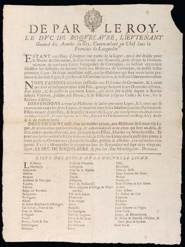 1721 LANGUEDOC LIGNE DE LA PESTE BLOCUS DU GEVAUDAN- "De par le ROY. Le Duc de ROQUELAURE,...