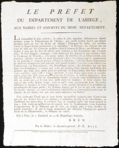 null AN 10 ARIÈGE « Le Préfet BRUN du Département de l'Ariège, aux Maires et Adjoints...