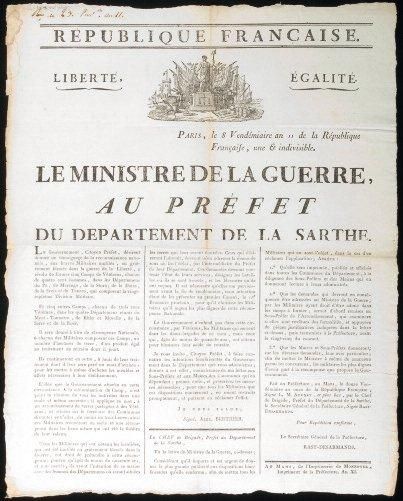 null AN 11 SARTHE CAMP DE VÉTÉRANS - "Le Ministre de la GUERRE au Préfet du Département"...