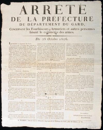 1806 GARD FOURBISSEURS, ARMURIERS - "Arrêté de la Préfecture du Département du GARD,...