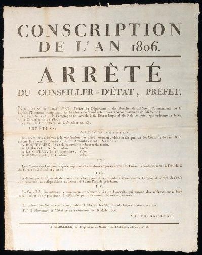 1806 BOUCHES-DU-RHÔNE "CONSCRIPTION DE L'AN 1806" - "Arrêté du Conseiller-d'- État,...