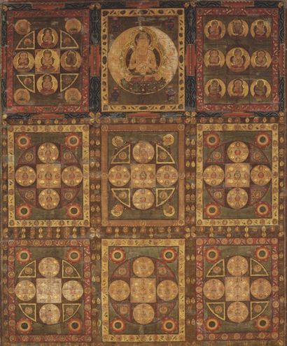 null 
Grande peinture bouddhique dite Kongōkai Mandala 金剛界曼荼羅 ou Mandala du monde...