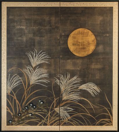 null Japon, période Meiji (1868-1912).

Paravent à deux feuilles 

Peint à l'encre...