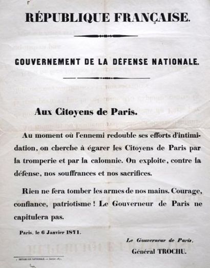 null PARIS 6 Janvier 1871 «République Française, Gouvernement de la Défense Nationale»...