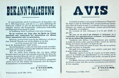 null VALENCIENNES 6 Mai 1915 Bekanntmachung - Avis (défense d'allumer les feux pour...