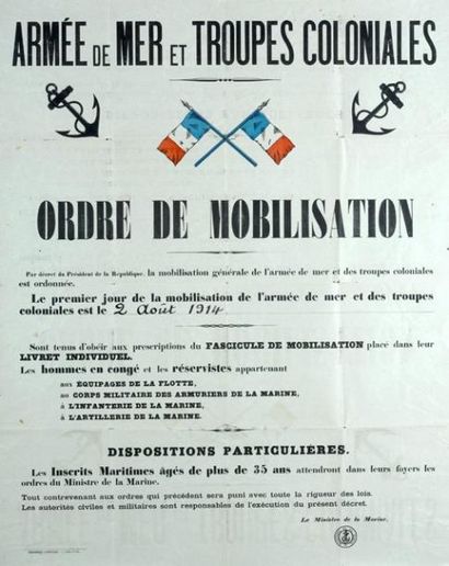null «Armée de Mer et Troupes Coloniales - Ordre de mobilisation du 2 Août 1914»...