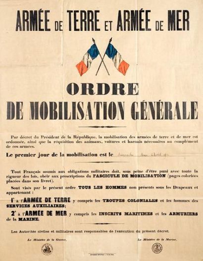 null «Armée de Terre et Armée de Mer Ordre de mobilisation générale deux Août 1914»...