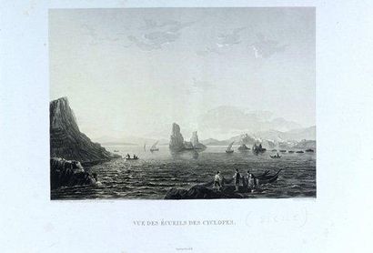 ITALIE - SICILE «Vue des ECUEILS DES CYCLOPES». XIXème. Aquatinte par Thomas FIELDING,...