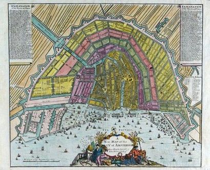AMSTERDAM - PAYS-BAS «A New MAP of the CITY of AMSTERDAM». PARKER, 1720. PLAN DECORATIF...