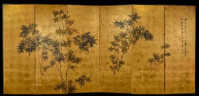 null Japon, epoque MEIJI
Paravent à 6 feuilles à décor peint à l'encre de végétation...