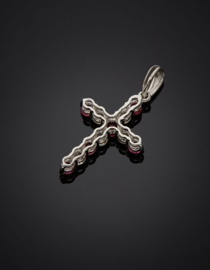 null White gold (750‰) "cross" pendant set with six rubies and brilliant-cut diamonds,...