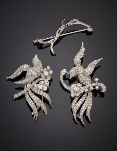 null Pair of "couple of birds of Paradise on their branch" openwork platinum (800‰)...