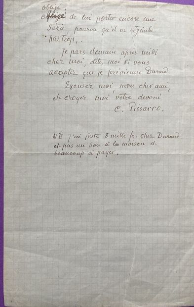 null Camille PISSARO écrit à Claude MONET

Exceptionnelle et rare lettre autographe...