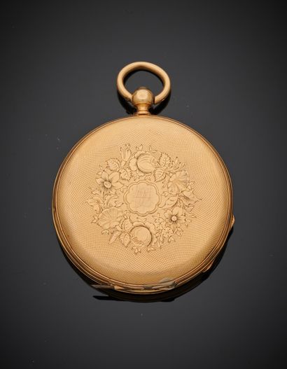 null Small yellow gold (750‰) POCKET WATCH guilloché and chased with a crown of flowers....