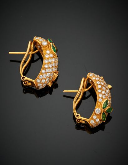 null Pair of domed EARRINGS in yellow gold (750‰) set with brilliant-cut diamonds...