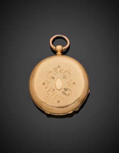 null Small yellow gold (750‰) guilloche and chased pocket watch. White dial, Roman...