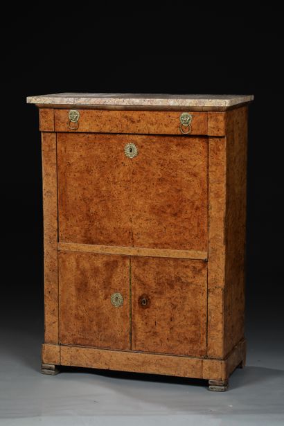 null Secretary with flap in burr walnut veneer, opening from top to bottom with a...