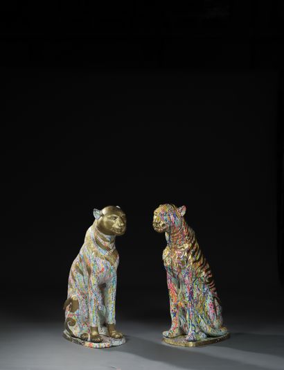 Pair of sitting panthers in metal with painted...