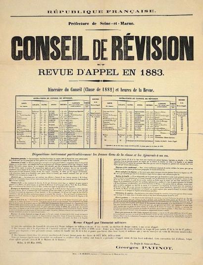 SEINE-ET-MARNE «CONSEIL DE RÉVISION et revue d'appel en 1883» - (Lieux des séances)...