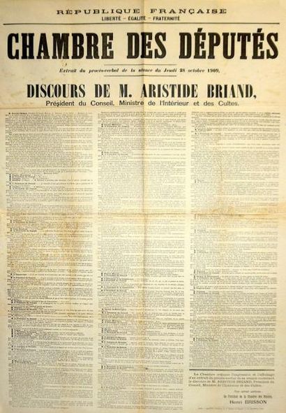 (Aristide BRIAND) Chambre des Députés du 28 Octobre 1909. Discours de M. Aristide...