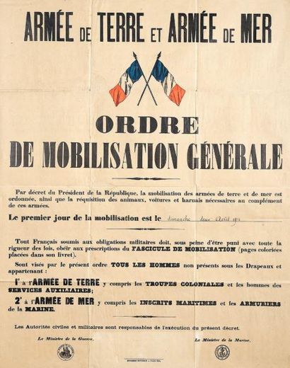 null «ORDRE DE MOBILISATION GÉNÉRALE» du Dimanche 2 Août 1914 - Armée de Terre et...