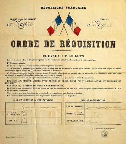 NIEVRE Subdivision de Région et Commune de NEVERS. «Ordre de Réquisition, Chevaux...