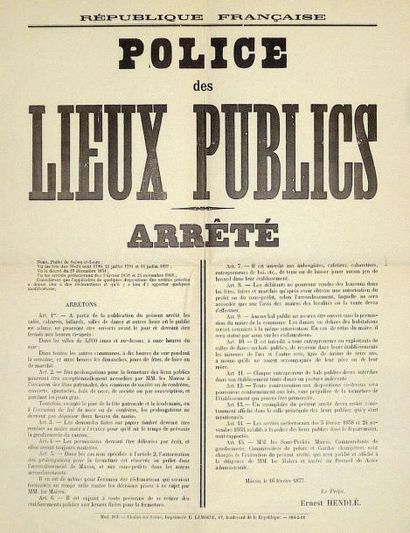 SAONE-ET-LOIRE «POLICE DES LIEUX PUBLICS» - Arrêté du Préfet Ernest HENDLE, Macon...