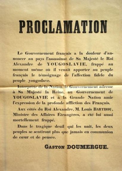 null ASSASSINAT DU ROI ALEXANDRE DE YOUGOSLAVIE - PROCLAMATION - «Le Gouvernement...