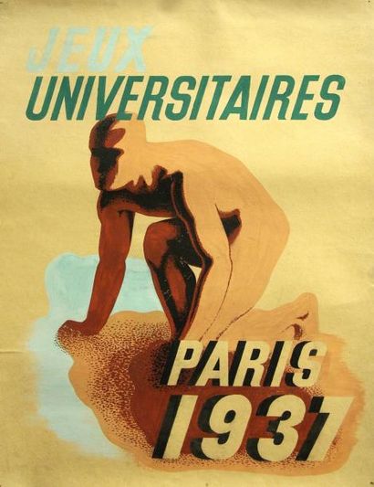 null SPORTS - «JEUX UNIVERSITAIRES PARIS 1937» - Projet gouaché. (65,5 x 50) - Entoilée...